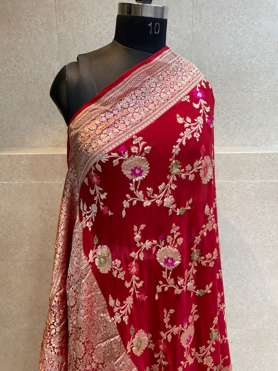 Pure Banarasi Handloom Khaddi Georgette Silk Saree With Beautiful Zari Work