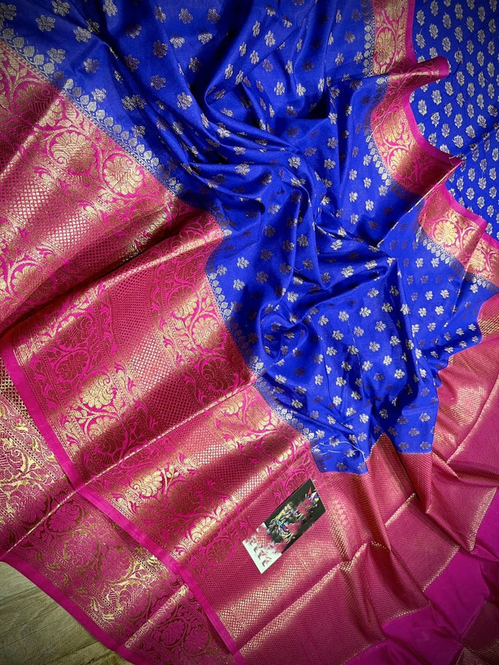 Pure Banarasi Semi Georgette Silk Saree With Zari Buti Work With Contrast Pallu & Border