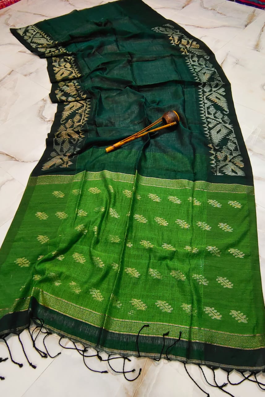 Pure Handloom Linen Silk  Saree With Blouse. ( Length- 6.3 meter )