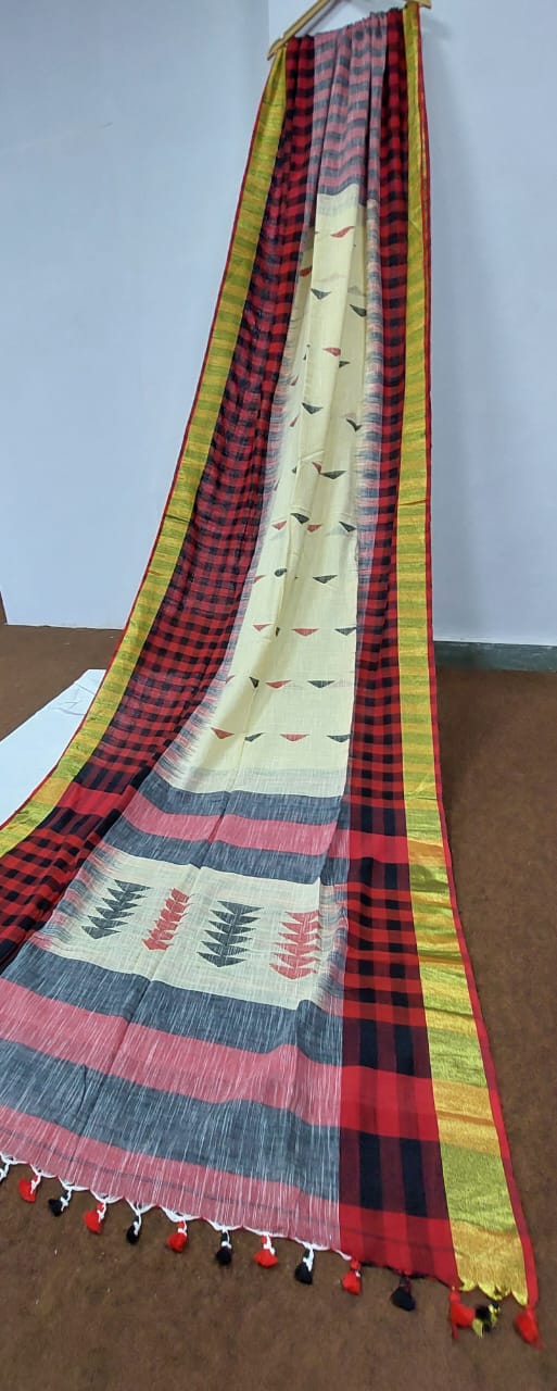 Pure Hand Weaving Cotton khaddi zari Border With ikkat andjamdani weaving.