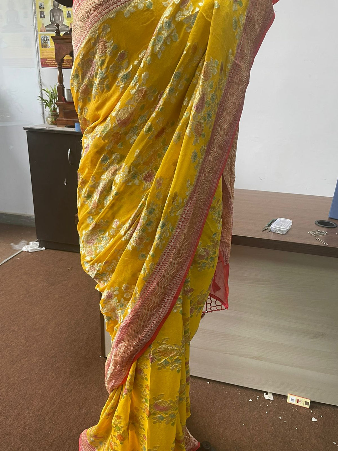 Yellow Color Pure Khaddi Georgette Saree with Full jaal and water Zari work