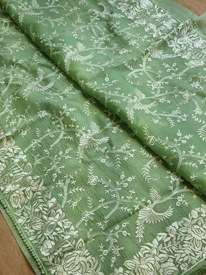 Pure Organza Silk Saree With Parsi Gaara Work.