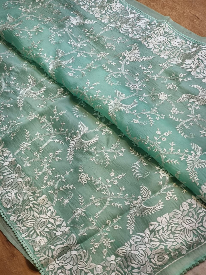 Pure Organza Silk Saree With Parsi Gaara Work.