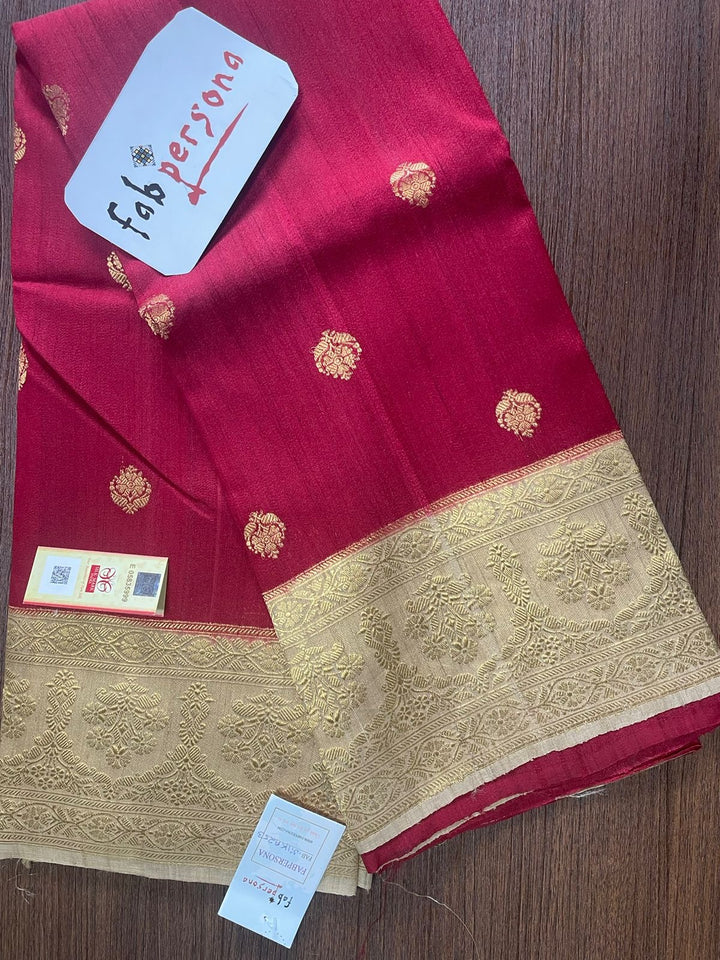Red Color Pure Tussar Silk Saree With Antique Zari Work ( Silk Mark Certified)
