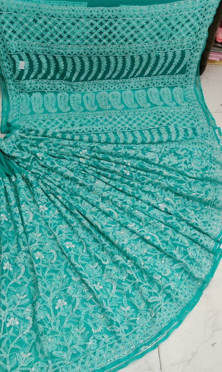 Pure Chiffon Georgette All Over Chikankari Saree With Heavy Hand Work Embroidery