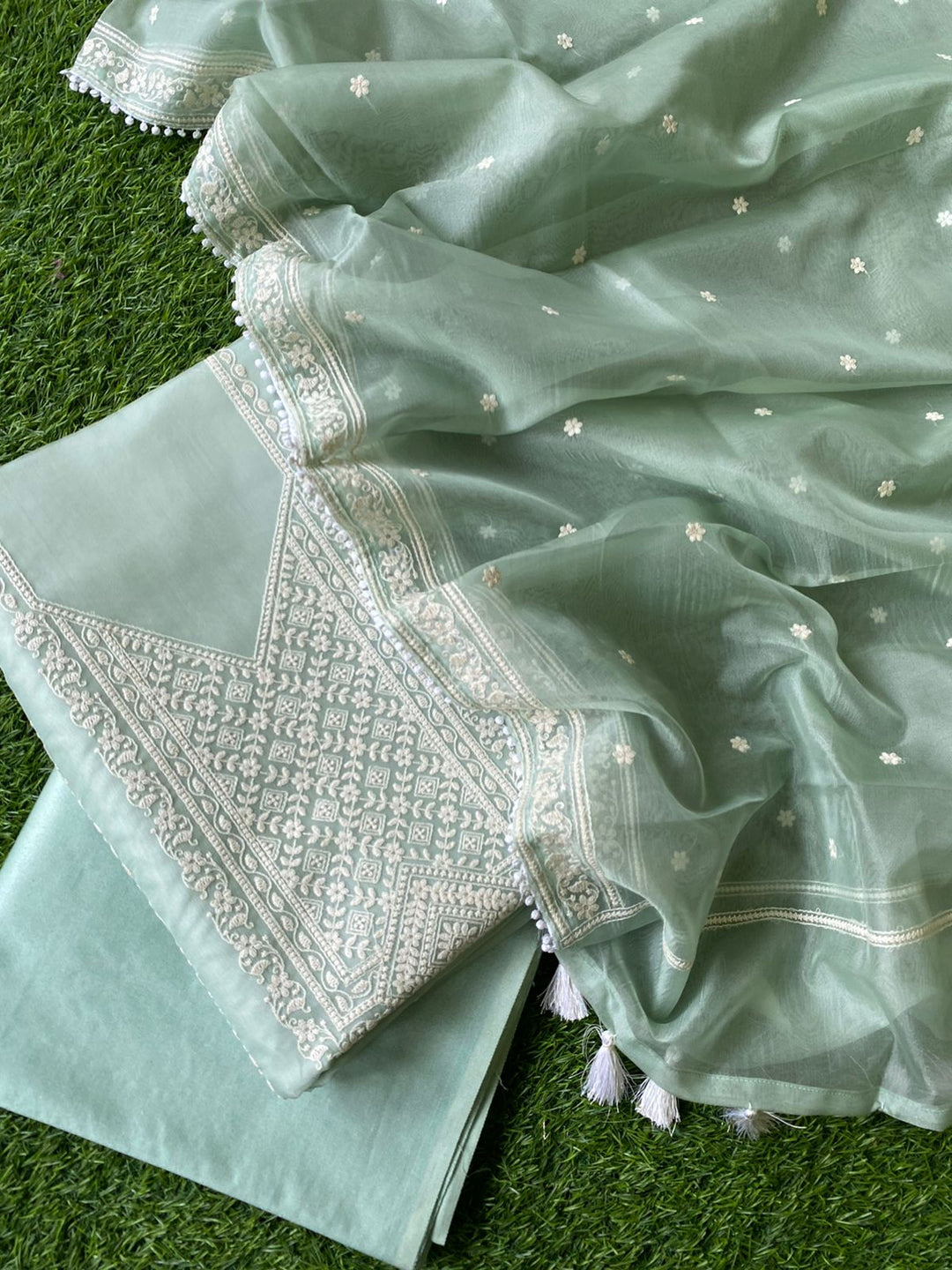 Pure Banarasi Organza Silk Embroidery Unstitched Suit With Organza Embroidery Dupatta.