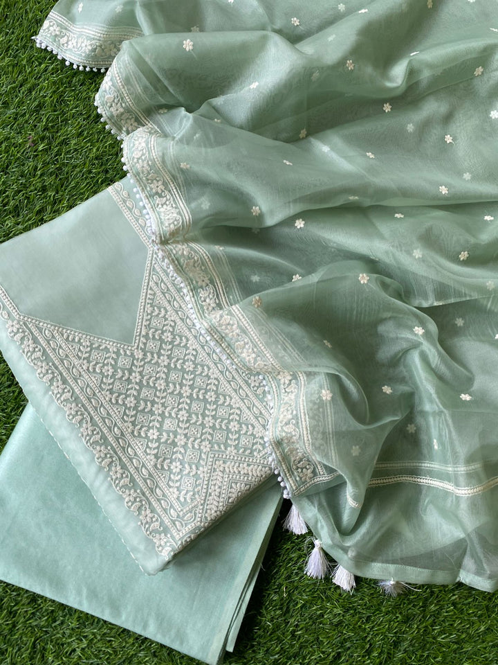 Pure Banarasi Organza Silk Embroidery Unstitched Suit With Organza Embroidery Dupatta.