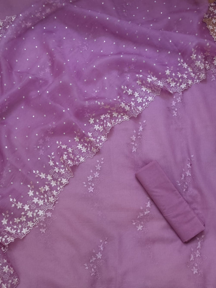 Pure Banarasi Cotton Kota Silk Embroidery Unstitched Suit With Organza Silk Embroidery Dupatta.