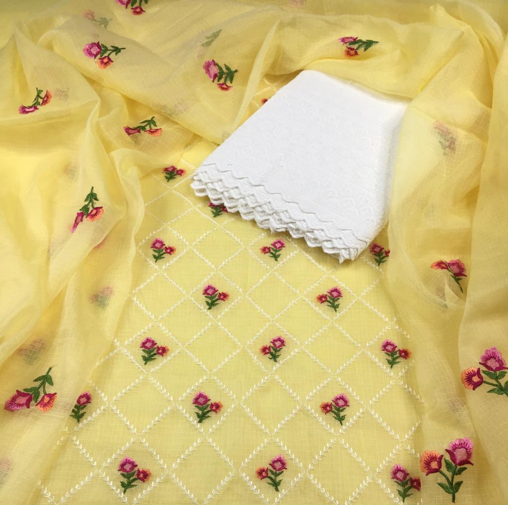 Pure Cotton Kota Doriya Hand Embroidery Unstitched Suit With Chikankari Bottom