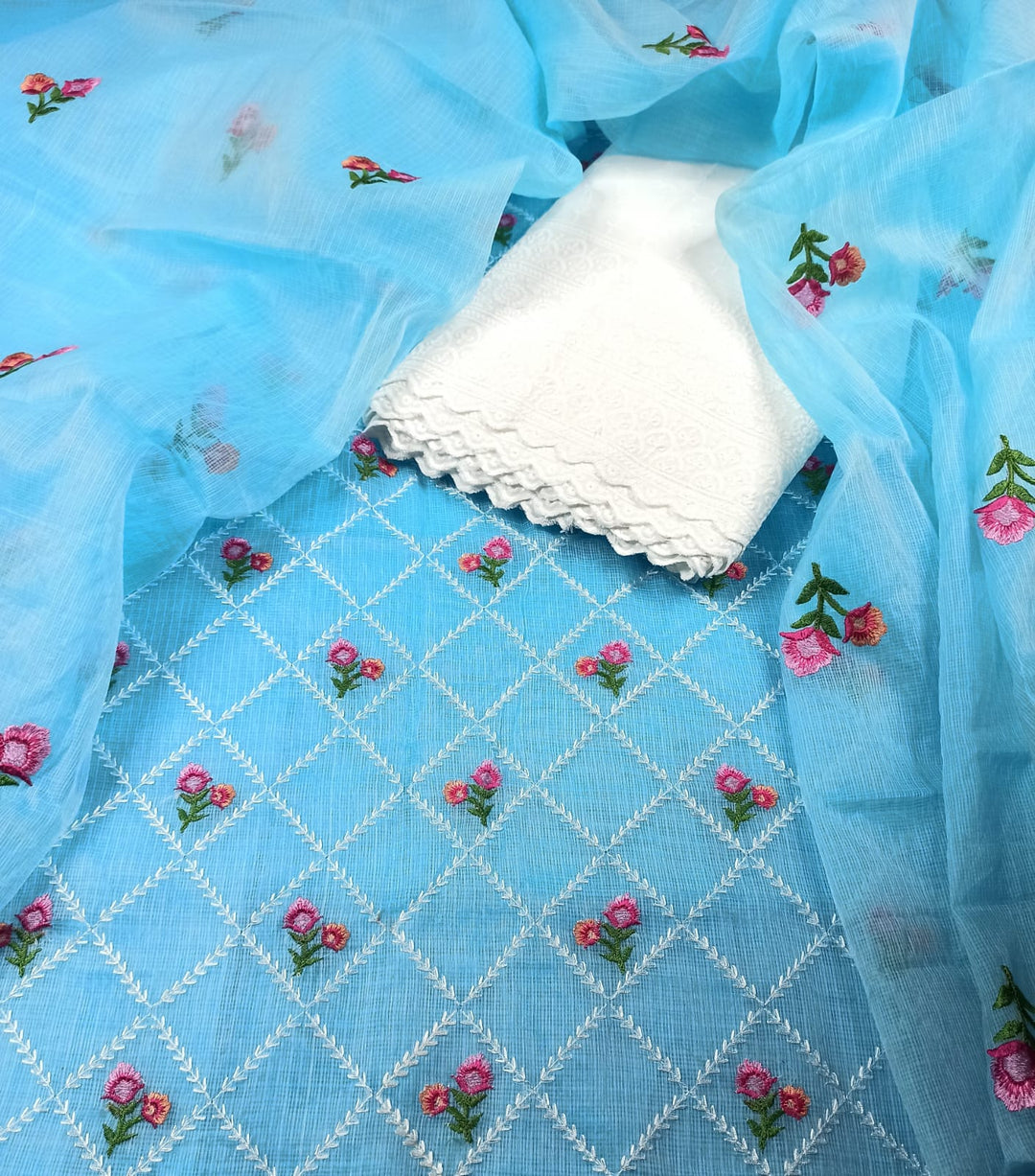 Pure Cotton Kota Doriya Hand Embroidery Unstitched Suit With Chikankari Bottom