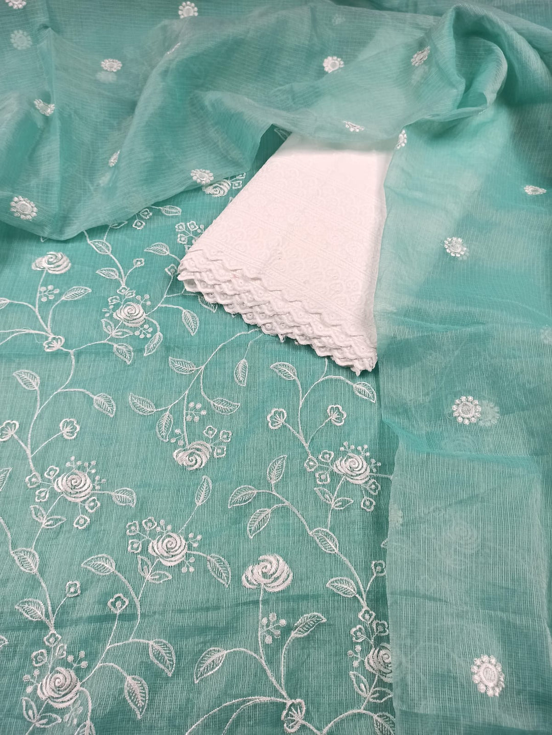 Pure Cotton Kota Doriya Hand Embroidery Unstitched Suit With Chikankari Bottom.