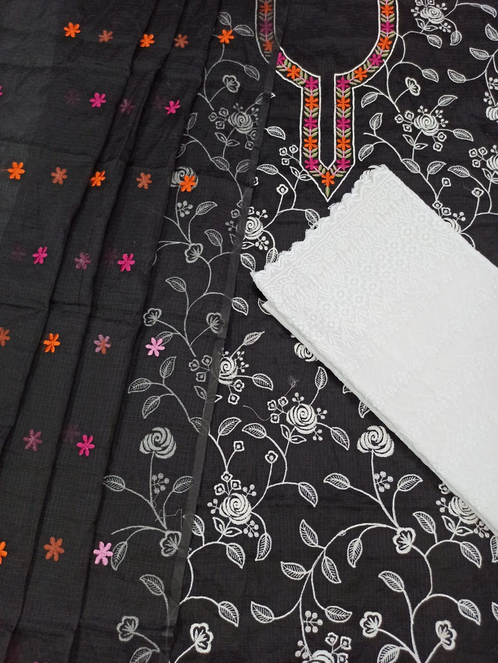 Pure Cotton Kota Doriya Hand Embroidery Unstitched Suit With Chikankari Bottom.