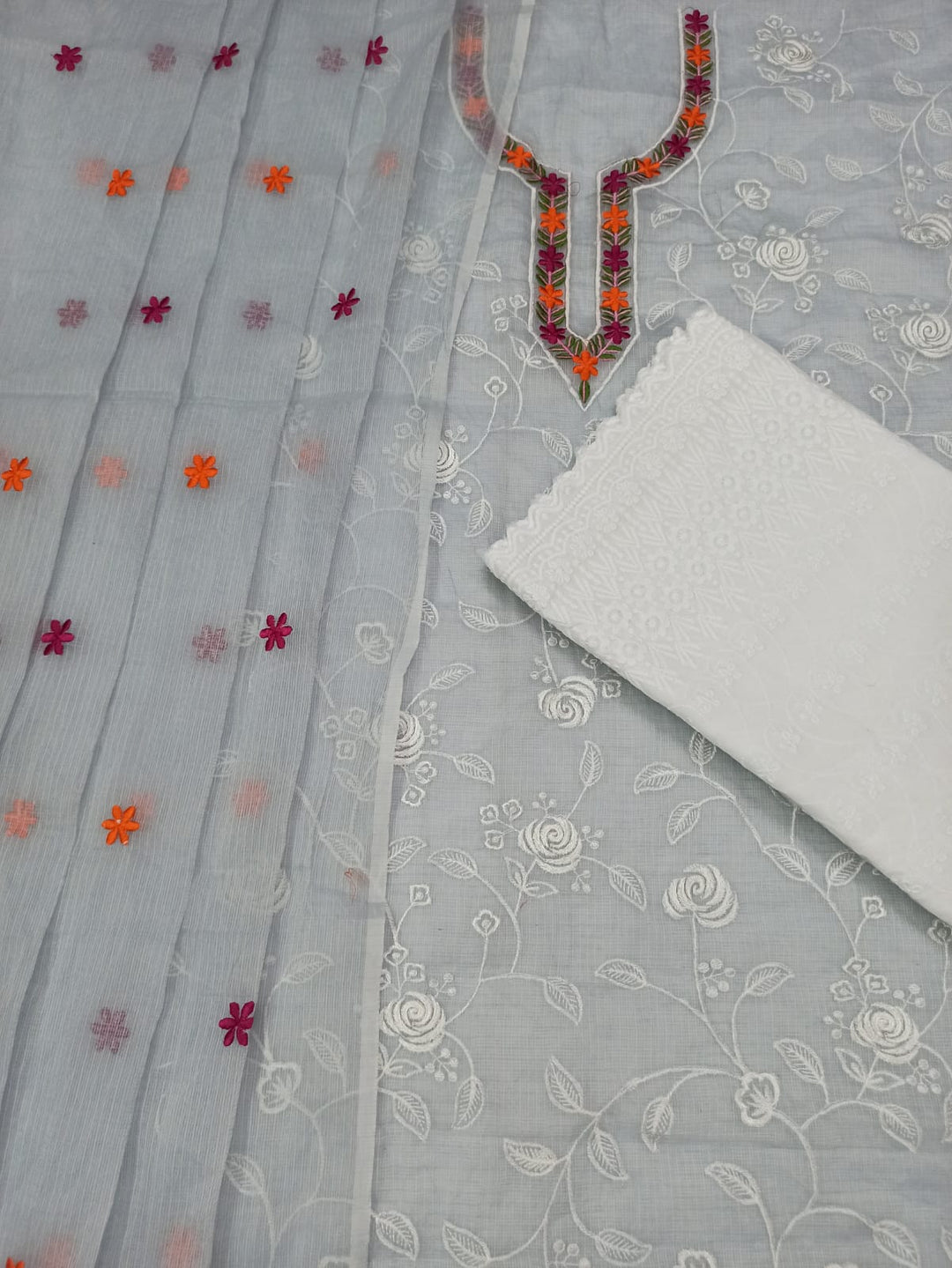 Pure Cotton Kota Doriya Hand Embroidery Unstitched Suit With Chikankari Bottom.