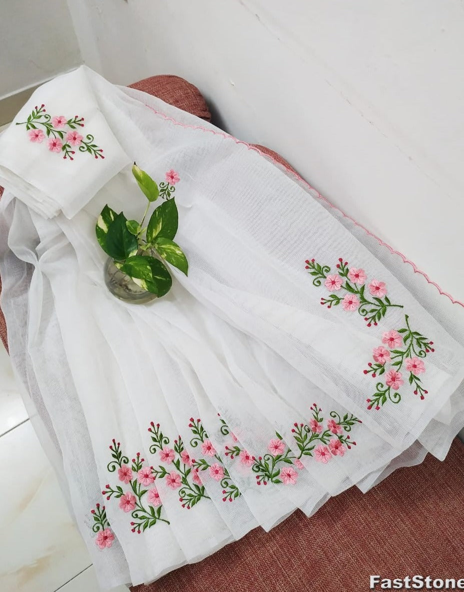 Pure Cotton Kota Doriya Embroidery work Saree With Blouse