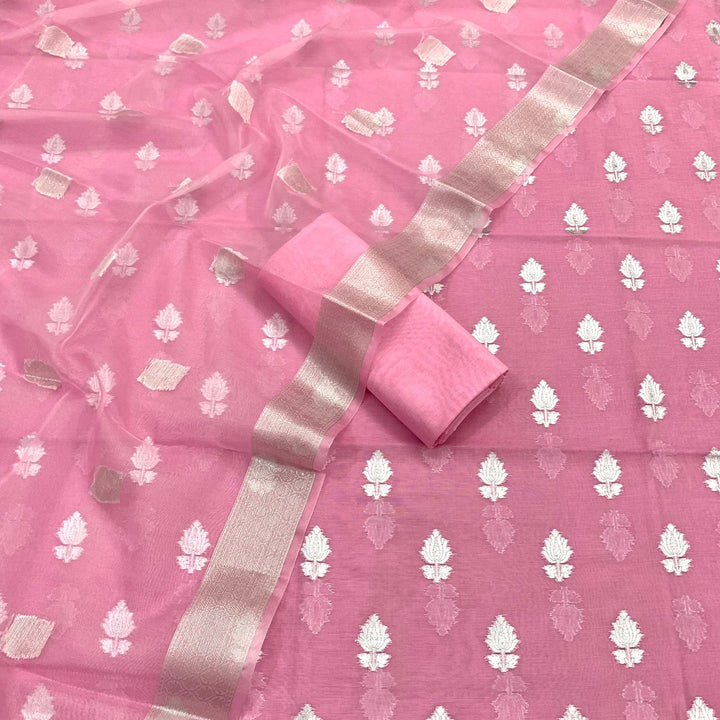 Pure Banarasi Chanderi Silk Cotton Zari Buti Weaved Unstitched Suit With Organza Dupatta