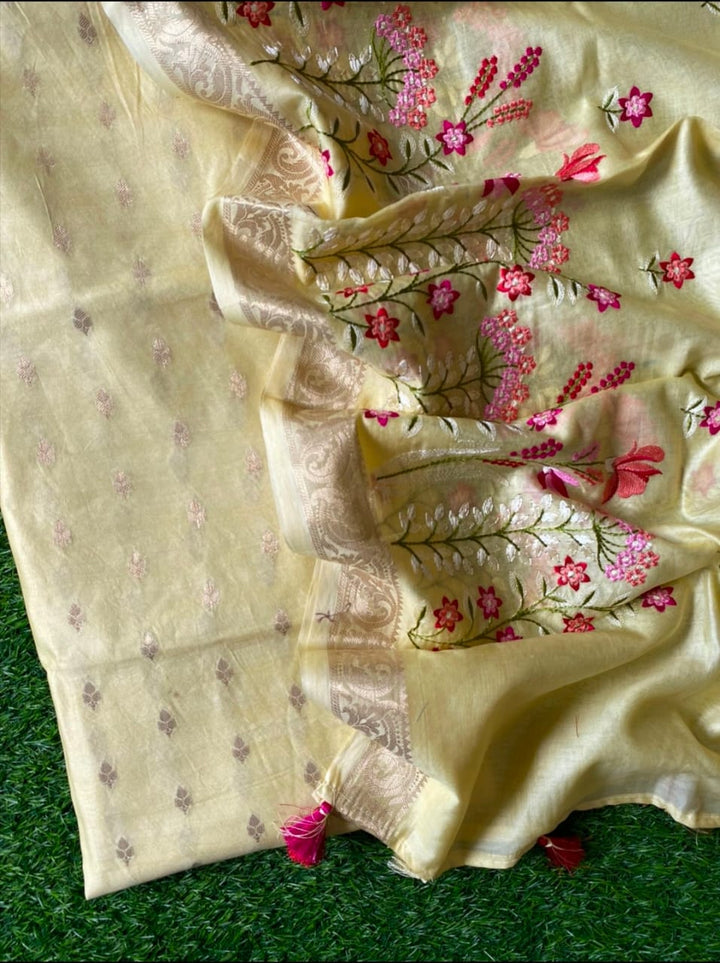 Fabpersona's Exclusive Pure Banarasi Chanderi Resham Silk Zari Woven Unstitched Suit With Chanderi Embroidery Dupatta