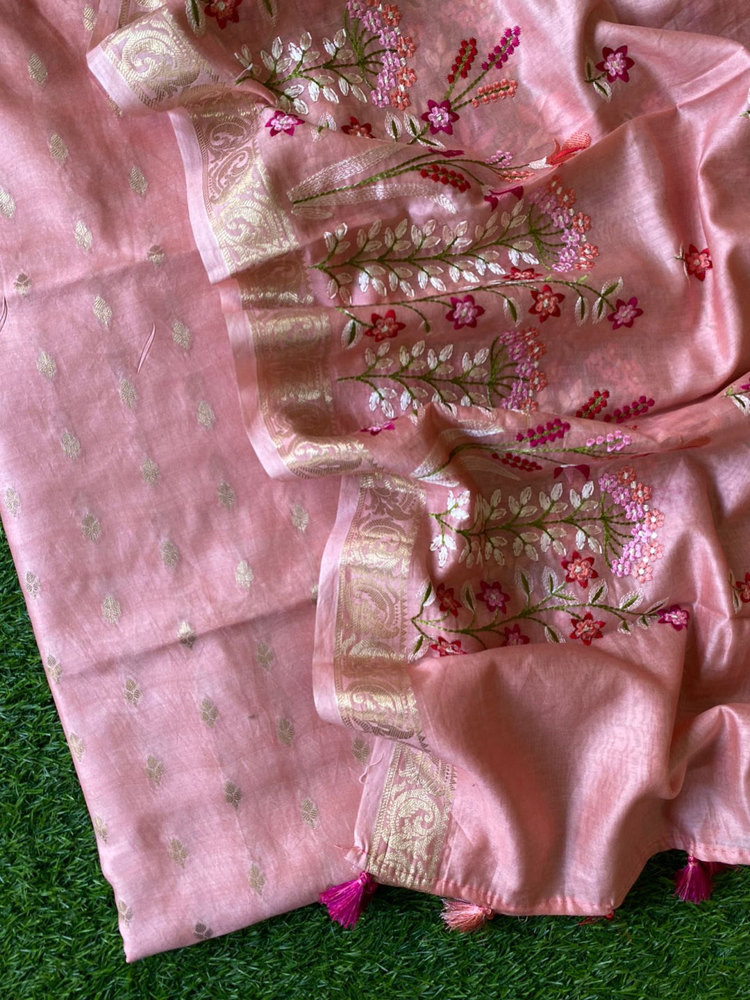 Pure Banarasi Chanderi Resham Silk Zari Woven Unstitched Suit With Chanderi Embroidery Dupatta
