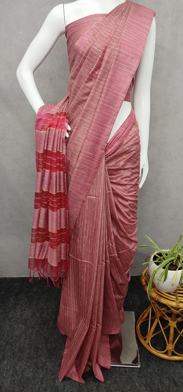 Pure Bamboo Jute Giccha Stripe Saree With Blouse.