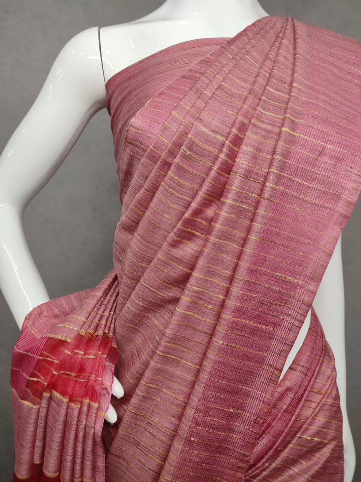 Pure Bamboo Jute Giccha Stripe Saree With Blouse.