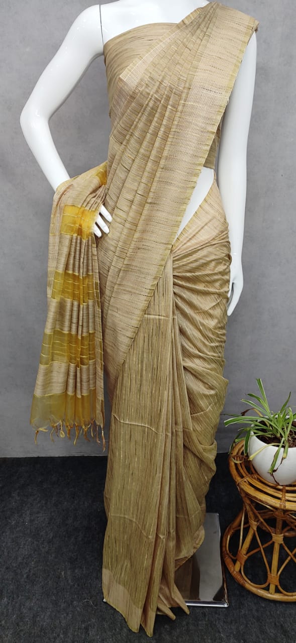 Pure Bamboo Jute Giccha Stripe Saree With Blouse.