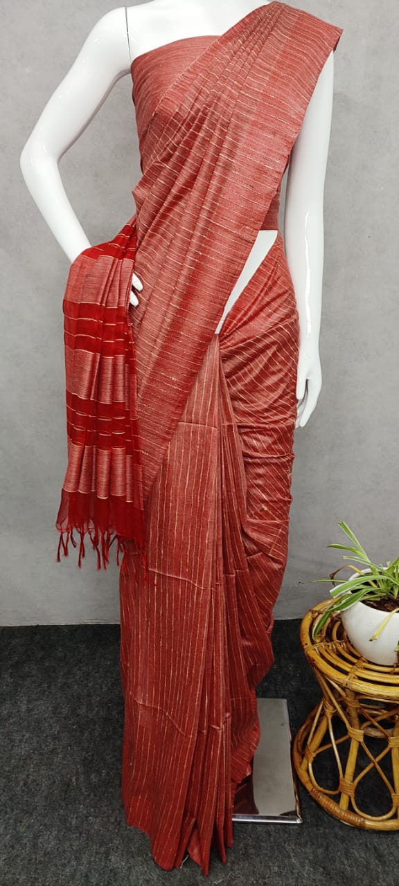 Pure Bamboo Jute Giccha Stripe Saree With Blouse.