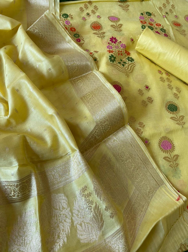 Banarasi Pure Silk Chanderi Meenakari Heavy Unstitched Suit With Digital Print Dupatta