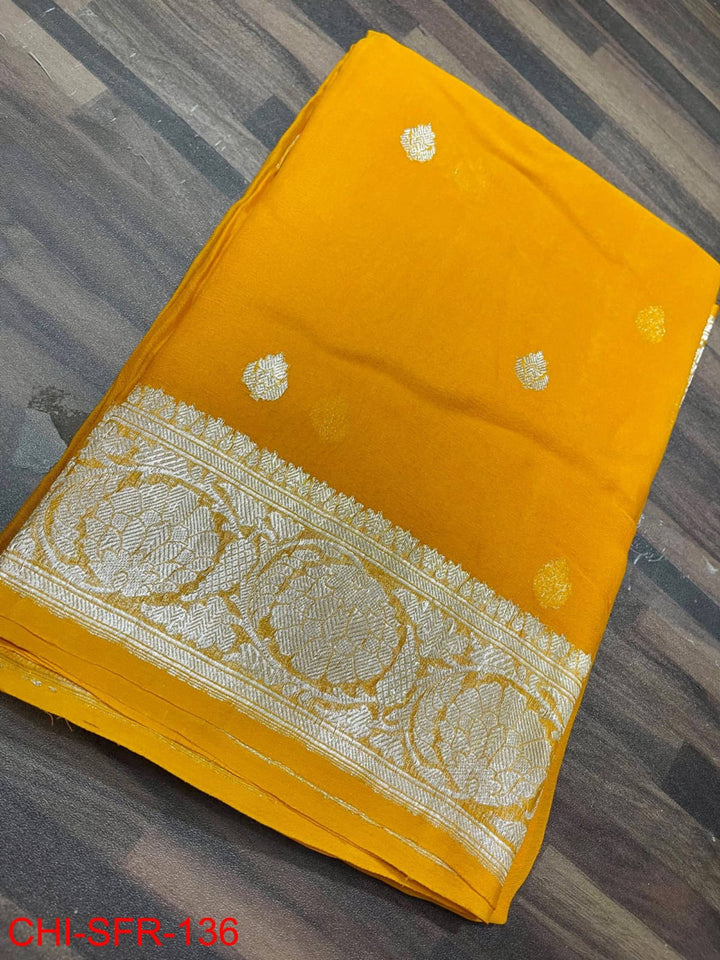 Turmeric yellow Pure Banarasi Handloom Khaddi Chiffon Silk Saree with Zari Work ( length- 6.3 meter )