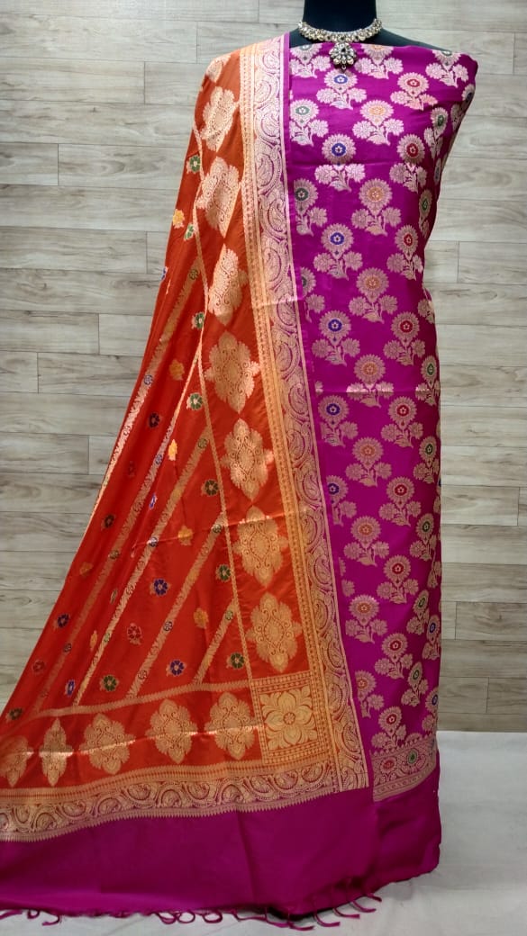 Banarasi Katan Silk Unstitched Suit With Dupatta.