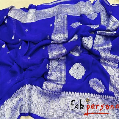 Royal Blue Color Pure Hand loom  Khaddi Chiffon Georgette Saree with Silver Zari Weaving