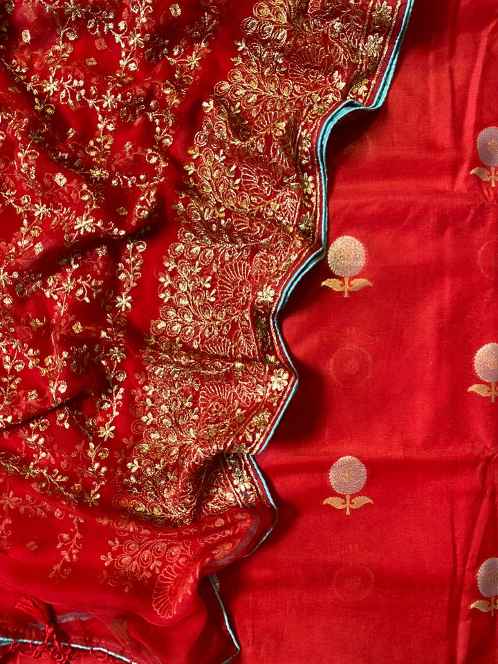 Pure Banarasi Chanderi Silver Gold Zari Work Unstitched Suit With Banarasi Chinon Zari Embroidery Dupatta.