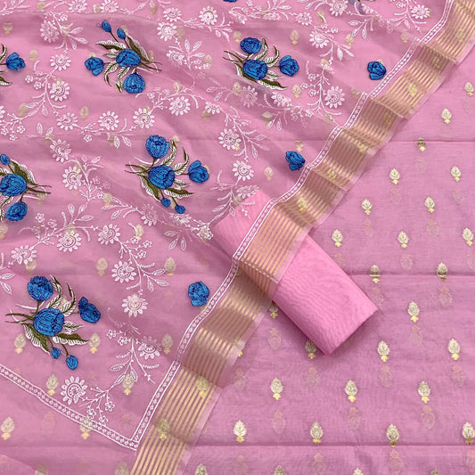 Pure Banarasi Chanderi Silk Cotton Alfi Zari Buti Weaved Unstitched Suit With Organza Embroidery Dupatta.