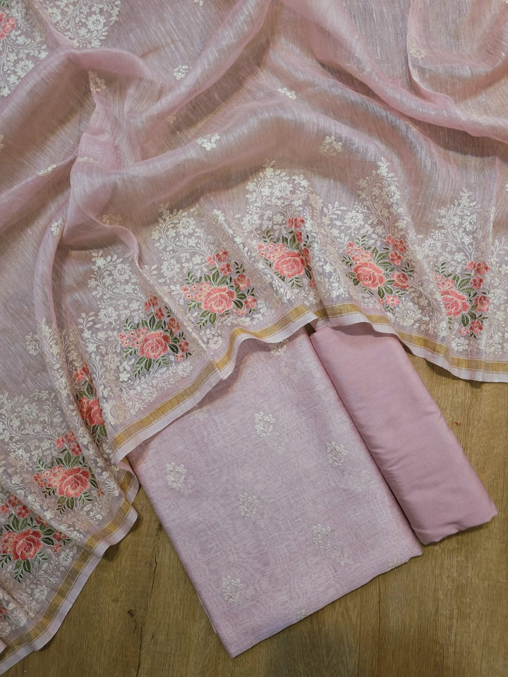 Pure Banarasi Linen Silk Embroidery Work Unstitched Suit With Linen Silk Work Dupatta.