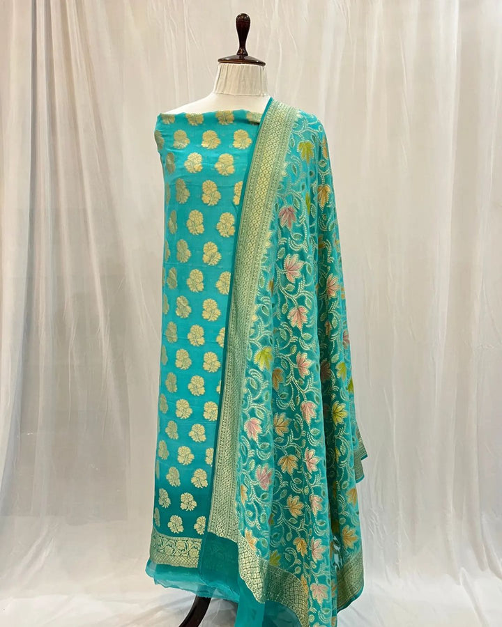 Pure Khaddi Georgette Unstitched Suit With water Zari Work.