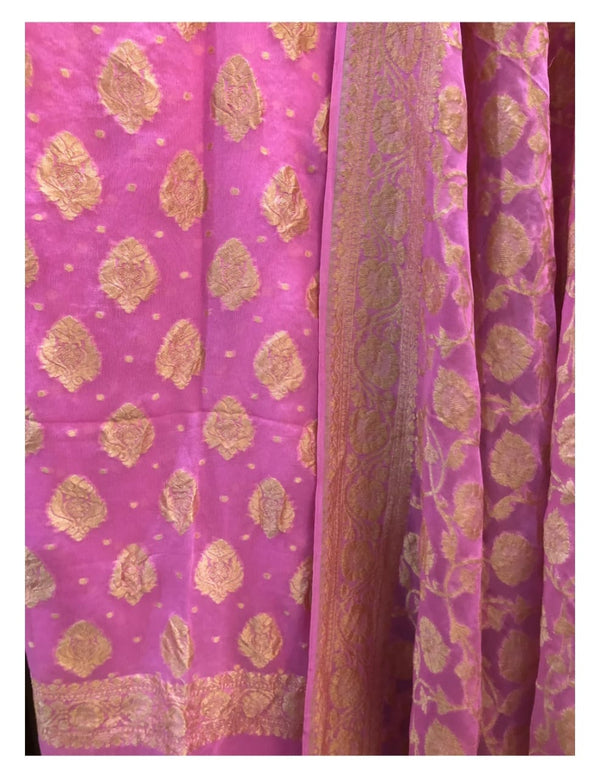 Pure Khaddi Georgette Unstitched Suit With Zari Work.