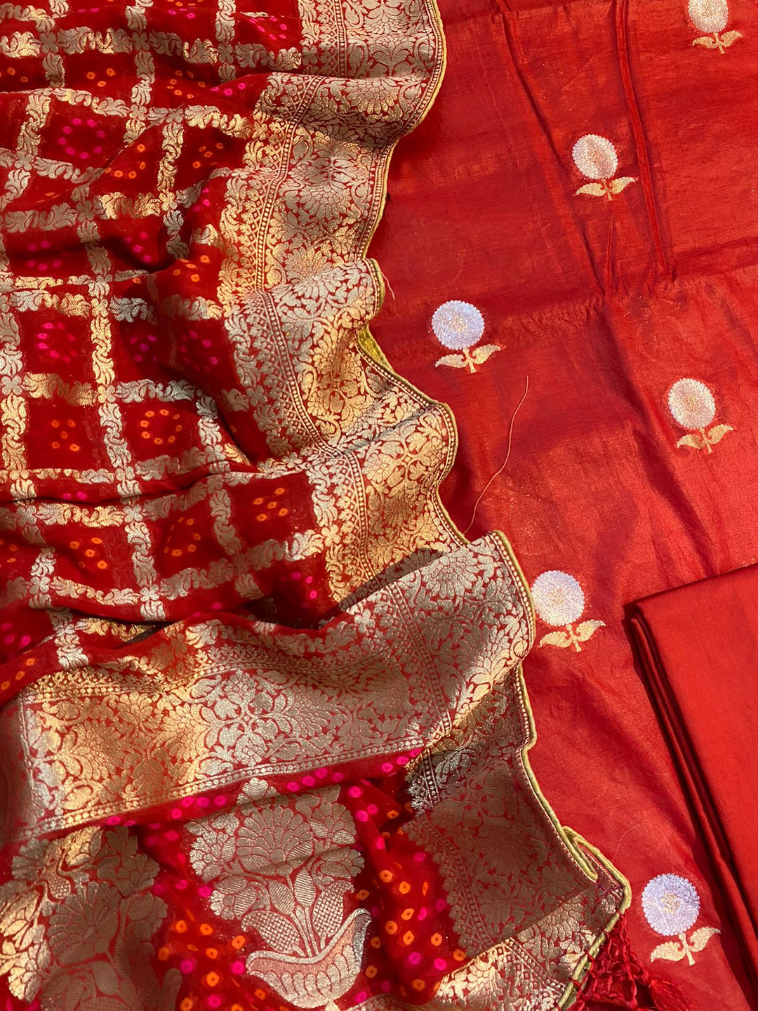 Pure Banarasi Chanderi Silk Buti Work Unstitched Suit With Banarasi Georgette Bandhani Heavy Dupatta.
