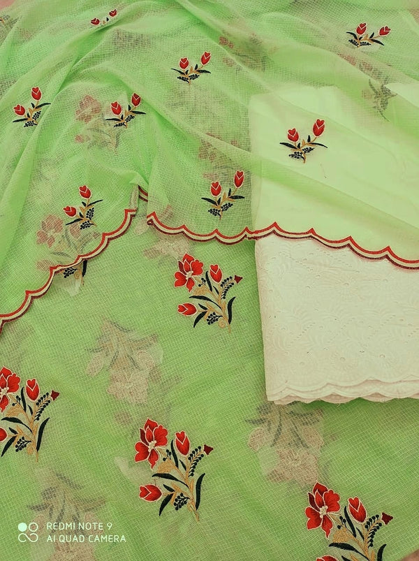 Pure Kota Doriya Resham Work Unstitched Suits With Chikankari Bottom .
