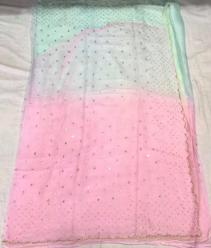 Pure Chiffon Mirror Chandla Hand Work Saree With Running Blouse.