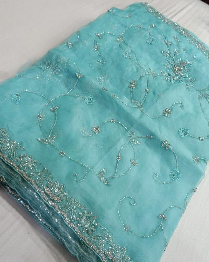 Pure Organza Silk Hand Full Zall  Work Saree With Running Blouse.