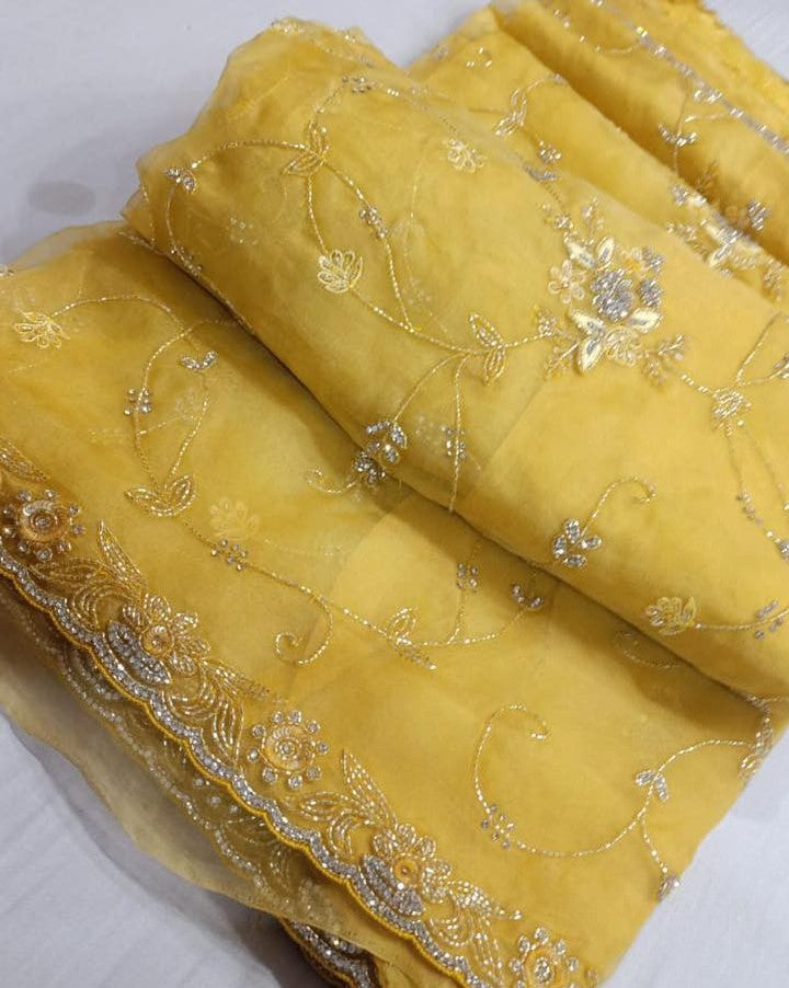 Pure Organza Silk Hand Full Zall  Work Saree With Running Blouse.