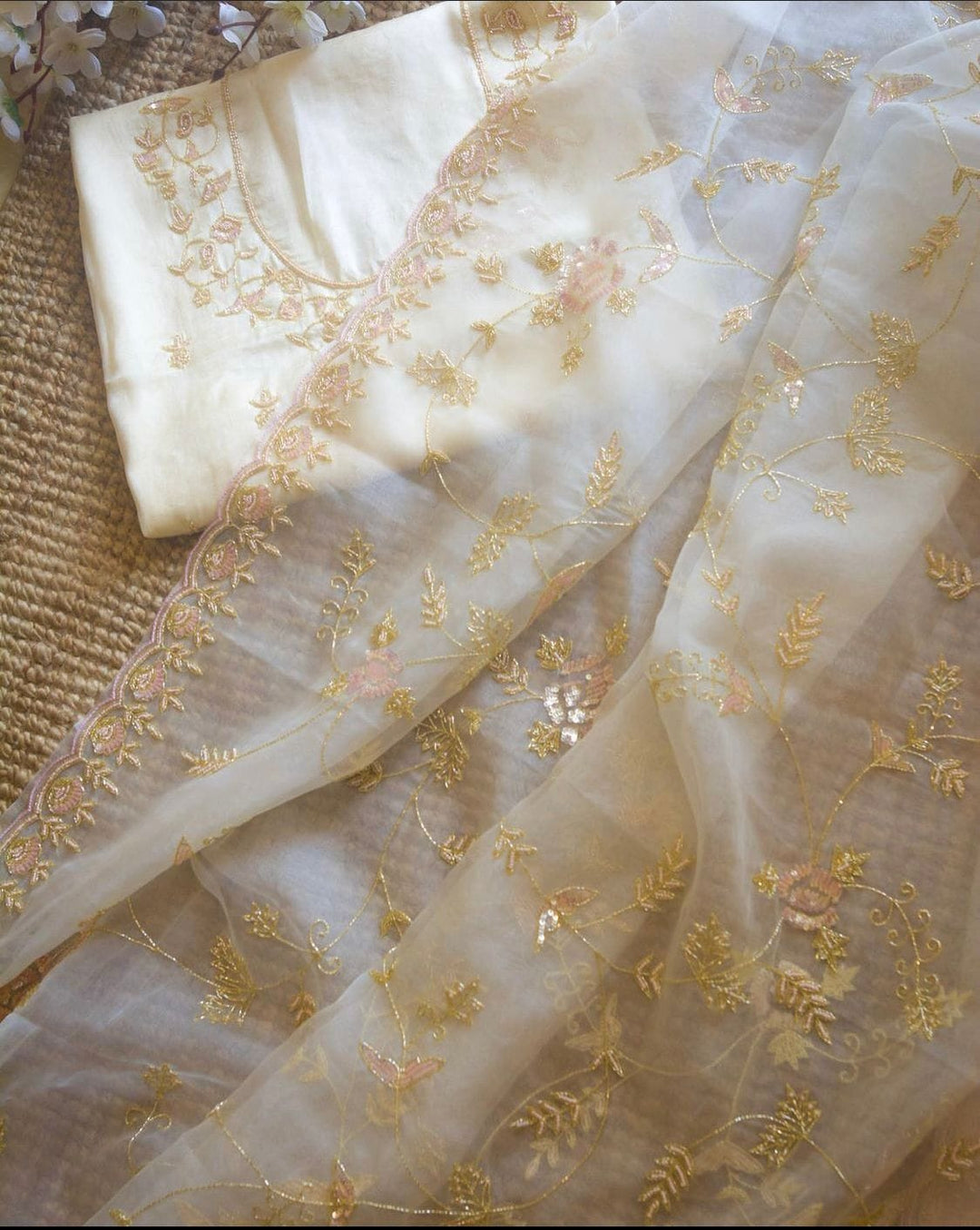 Pure Organza Silk Sequence All Over With Golden Zari Work Saree With Running Blouse.(Neck Work Blouse)