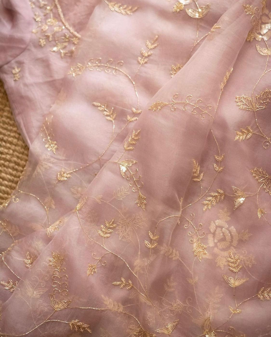 Pure Organza Silk Sequence All Over With Golden Zari Work Saree With Running Blouse.(Neck Work Blouse)