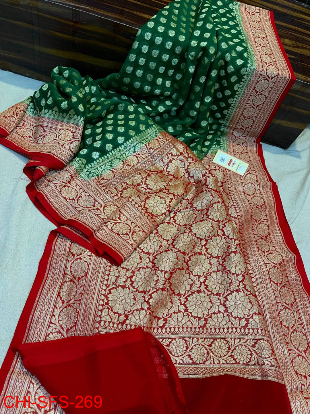 Pure Banarasi Handloom Khaddi Georgette Silk Saree with Zari Work ( length- 6.3 meter )