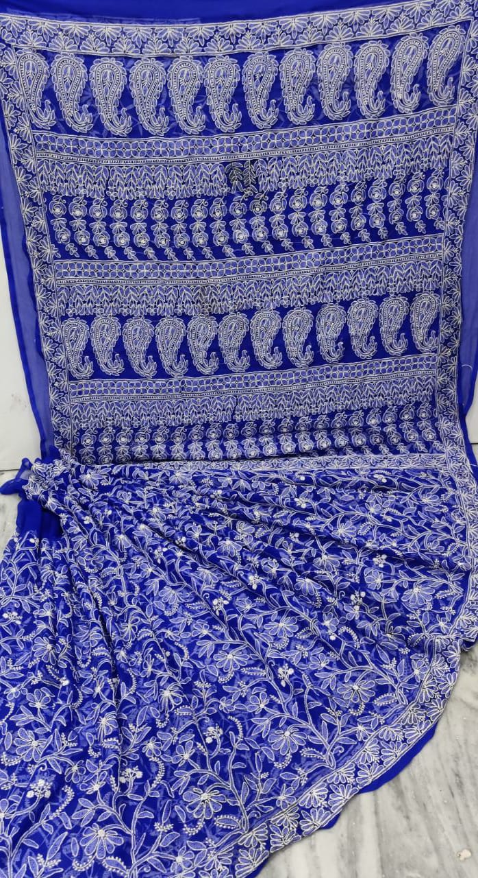 Pure Chiffon Georgette Chikankari Full Jaal Work Hand Embroidery Saree with Blouse.