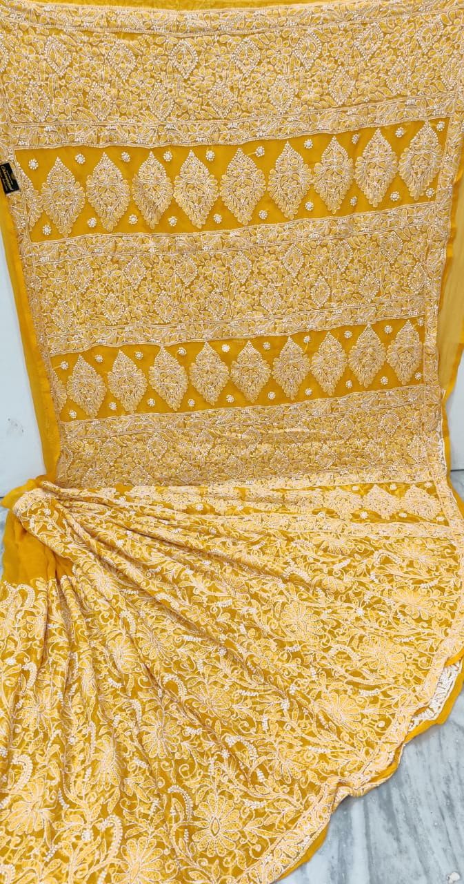 Pure Chiffon Georgette Chikankari Full Jaal Work Hand Embroidery Saree with Blouse.
