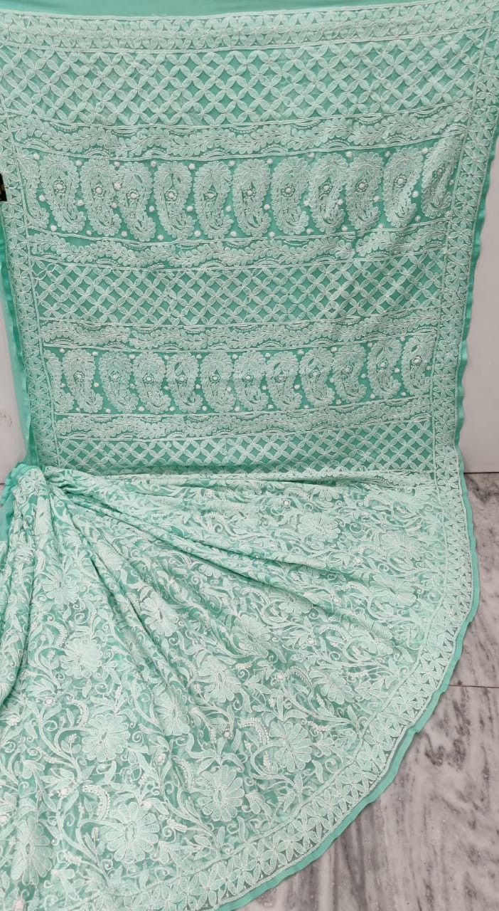 Pure Chiffon Georgette Chikankari Full Jaal Work Hand Embroidery Saree with Blouse.