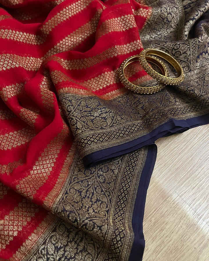 Pure Banarasi Handloom Khaddi Georgette Silk Saree With Zari Work ( length- 6.3 meter )