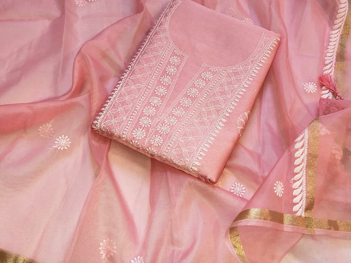 Pure Chanderi Silk 70 grm Dyeable And Hand Chikankari Work Unstitched suit With Dupatta.