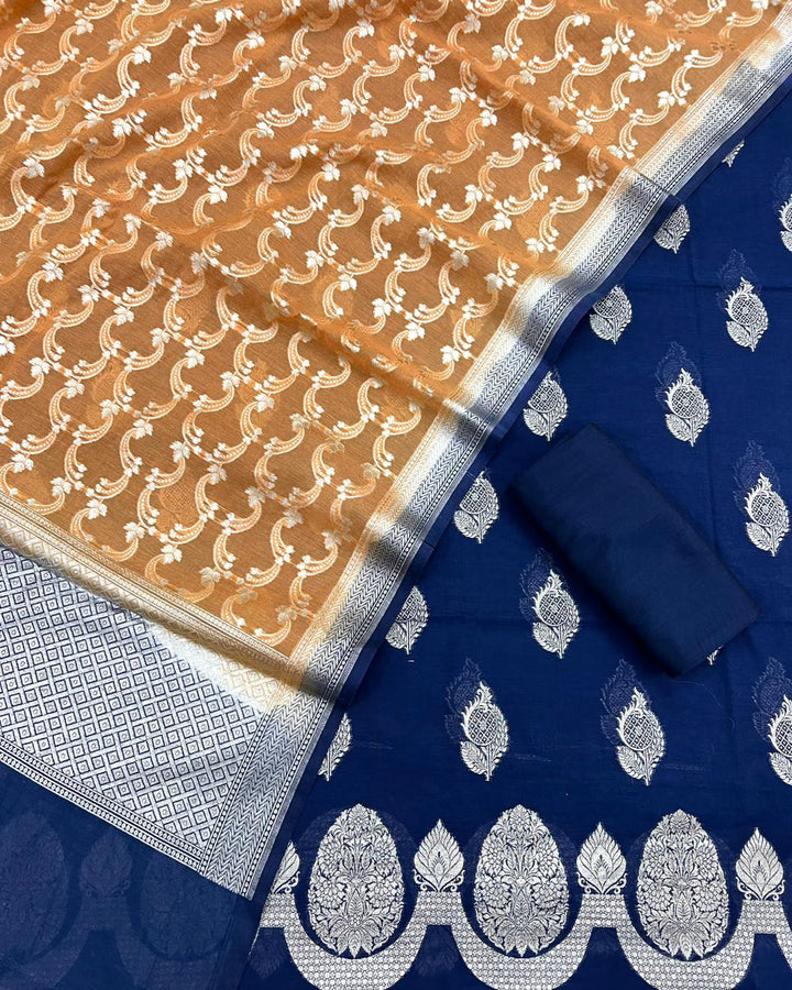 Pure Banarsi Chanderi Lorex Buti Daman Unstitched Suit With Chanderi Lorex Jaal Dupatta