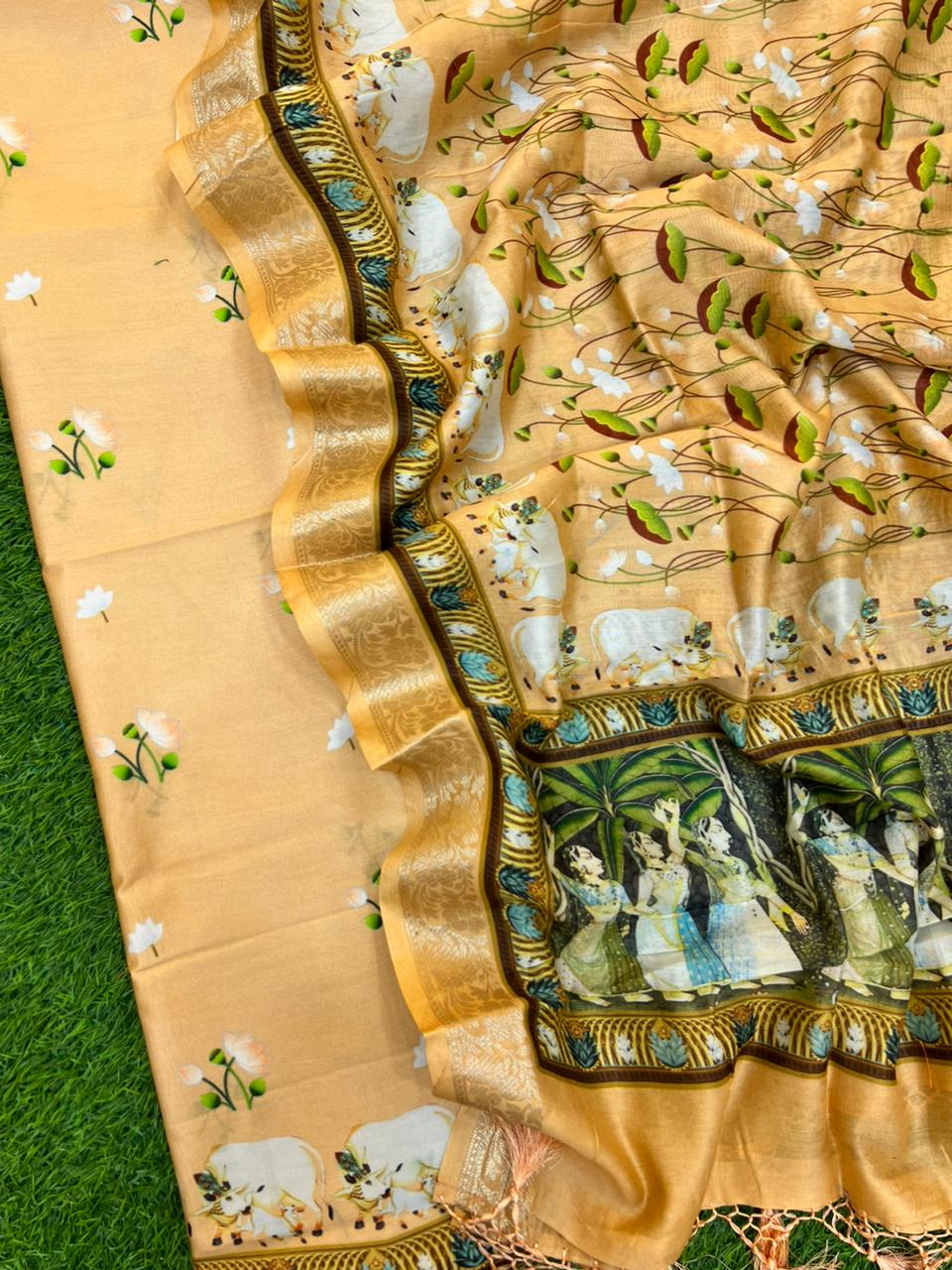 Pure Banarasi Chanderi Silk Pichwai Print Unstitched Suit with Chanderi Silk  Pichwai Print Dupatta