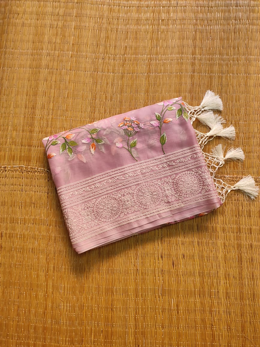 Pure Organza Silk Saree Multi Floral Jaal Work With Heavy Chikankari Pallu .